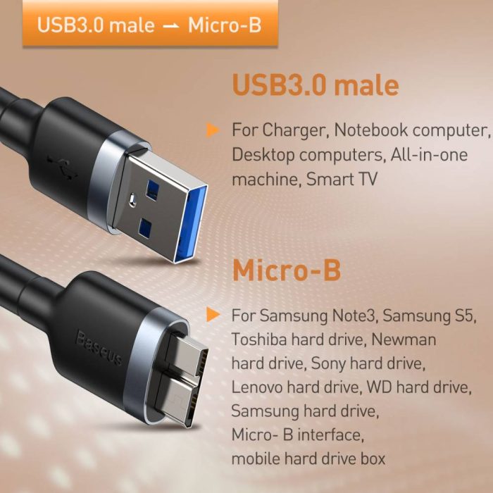 Baseus Converter Cable USB3.0 Male to Micro B 2A Dark Gray 3