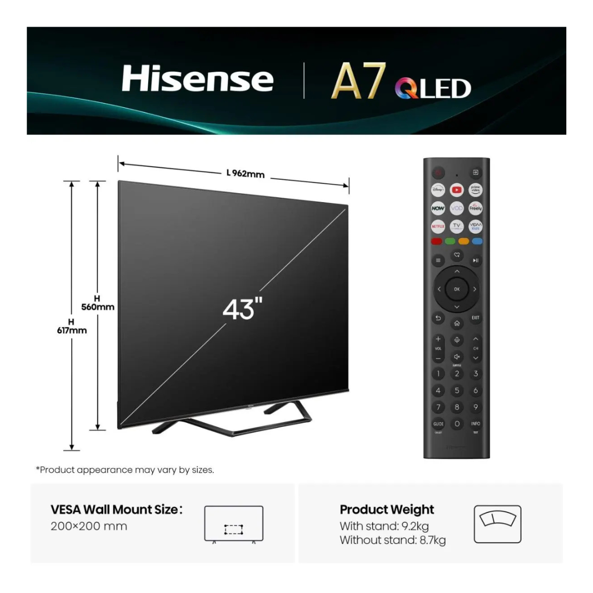 Hisense 43A7Q 43 inch TV dimensions VESA mount and product weight