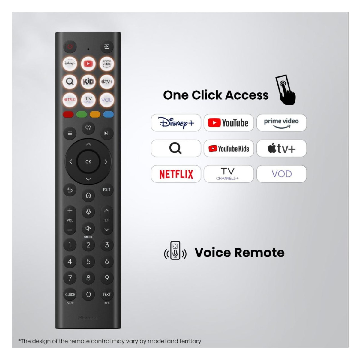 Hisense 100E7S PRO voice remote with streaming shortcuts
