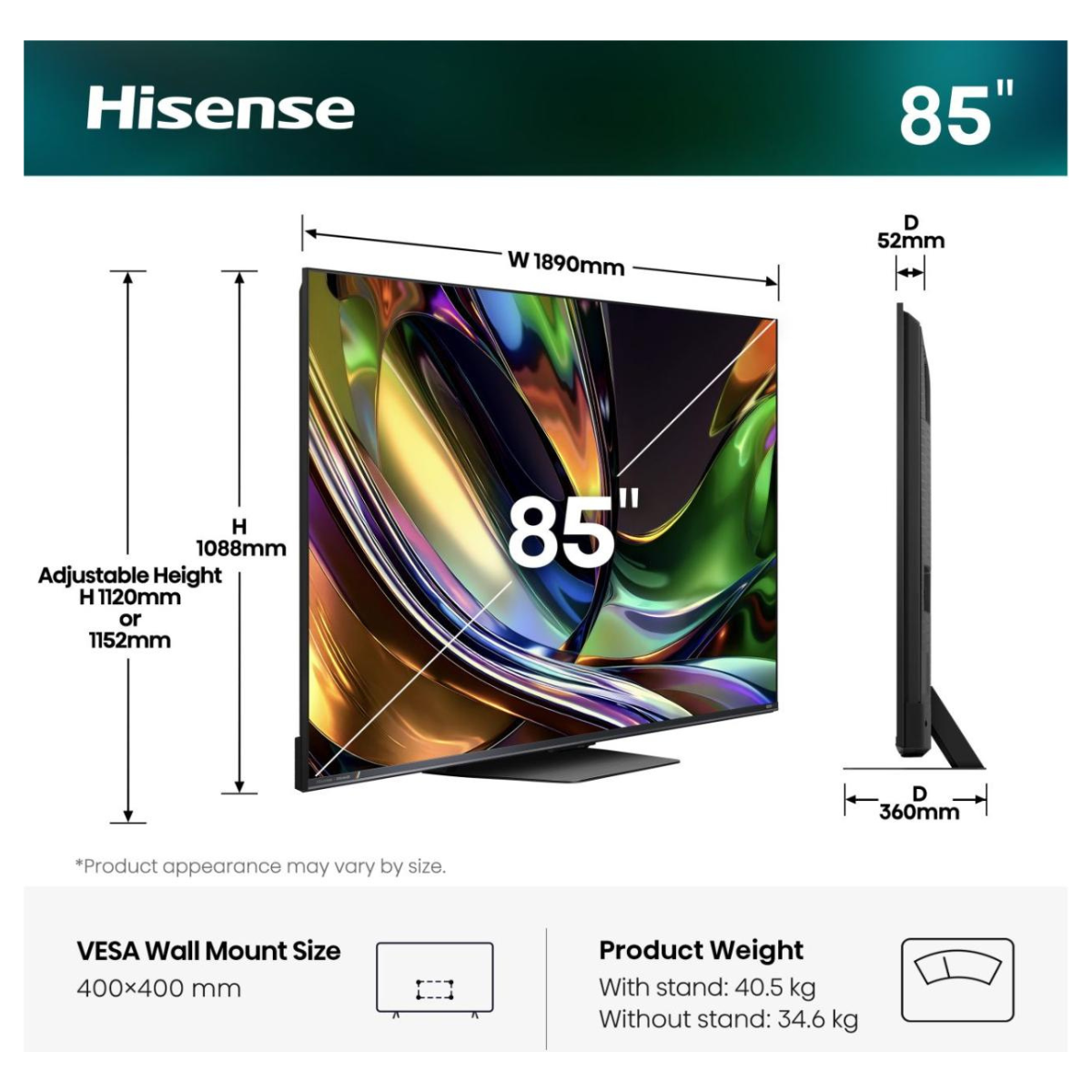 Hisense 85UR8S 85 inch TV dimensions and VESA wall mount