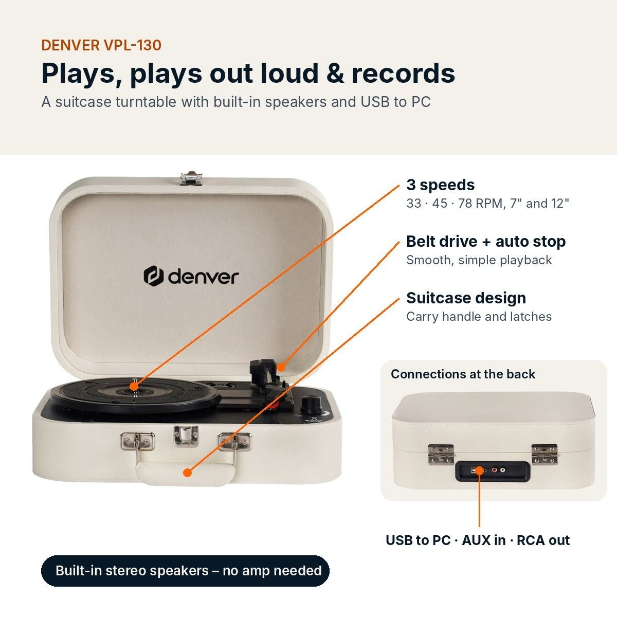 Denver VPL-130 Cyprus | Turntable with Speakers & USB - Image 4