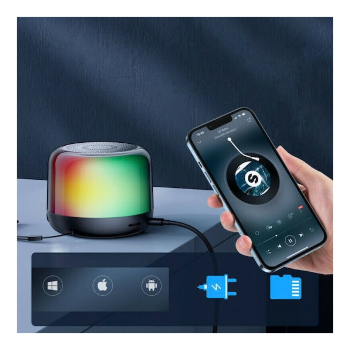 Joyroom JR-ML03 RGB speaker playing music from smartphone via Bluetooth