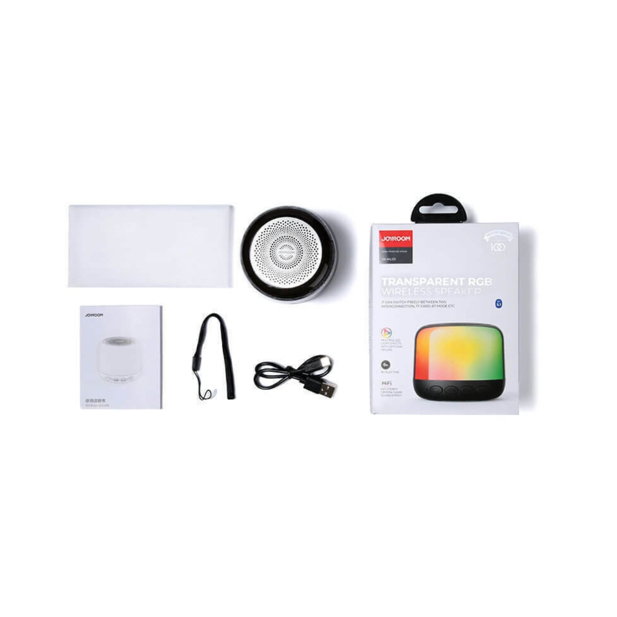 Joyroom JR-ML03 box contents speaker USB-C cable lanyard and manual