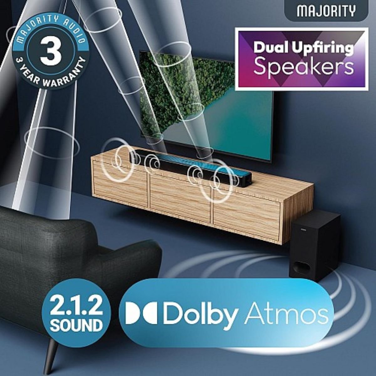 Majority Sierra Plus Atmos soundbar up-firing drivers